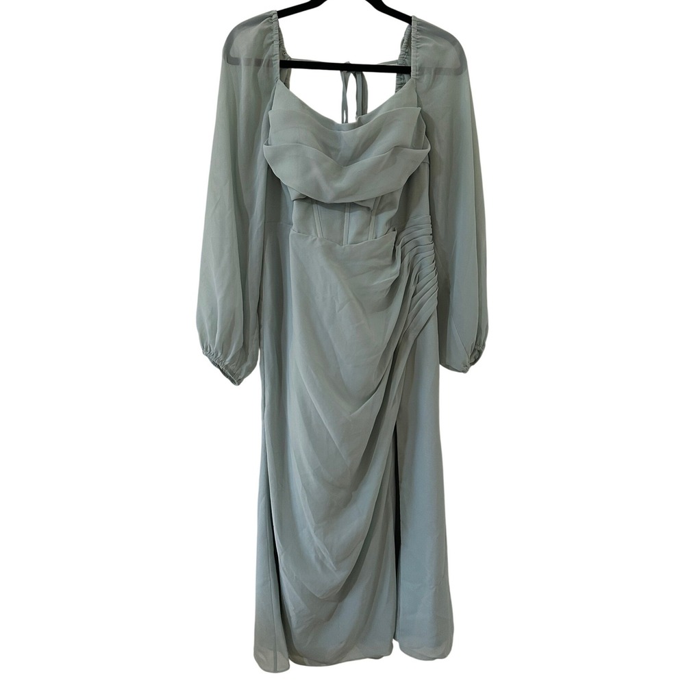 JJ's House Dusty Blue Chiffon Corset Midi Dress Long Sleeve Formal Wedding L